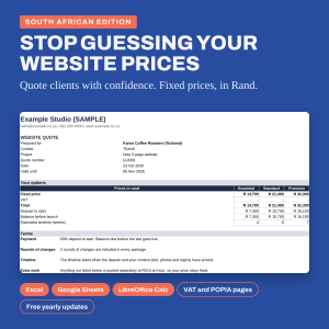 Fixed-price website quote engine, South African edition, showing a client quote in Rand